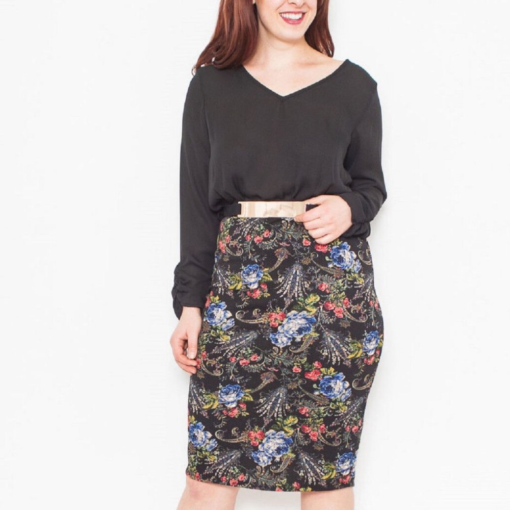 Blue Bell Ladies Sheath Dress V-Neck Long-Sleeve Black Floral Size 2XL NWOT